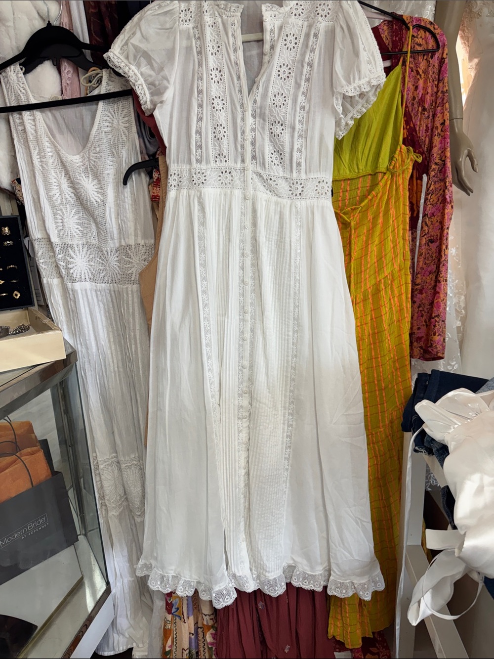 House of Harlow 1960 White Eyelet Lace Midi Dress with Scalloped Hem